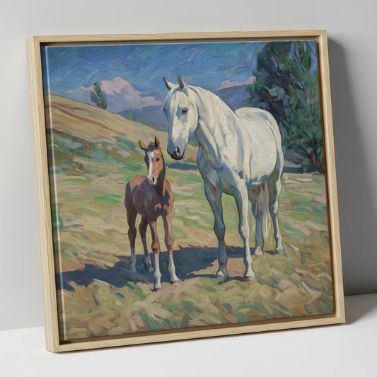 The Gentle Guardian mare & foal canvas wall art in natural frame