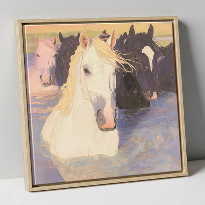 Luminous River Herd wild horses canvas wall art in natural frame