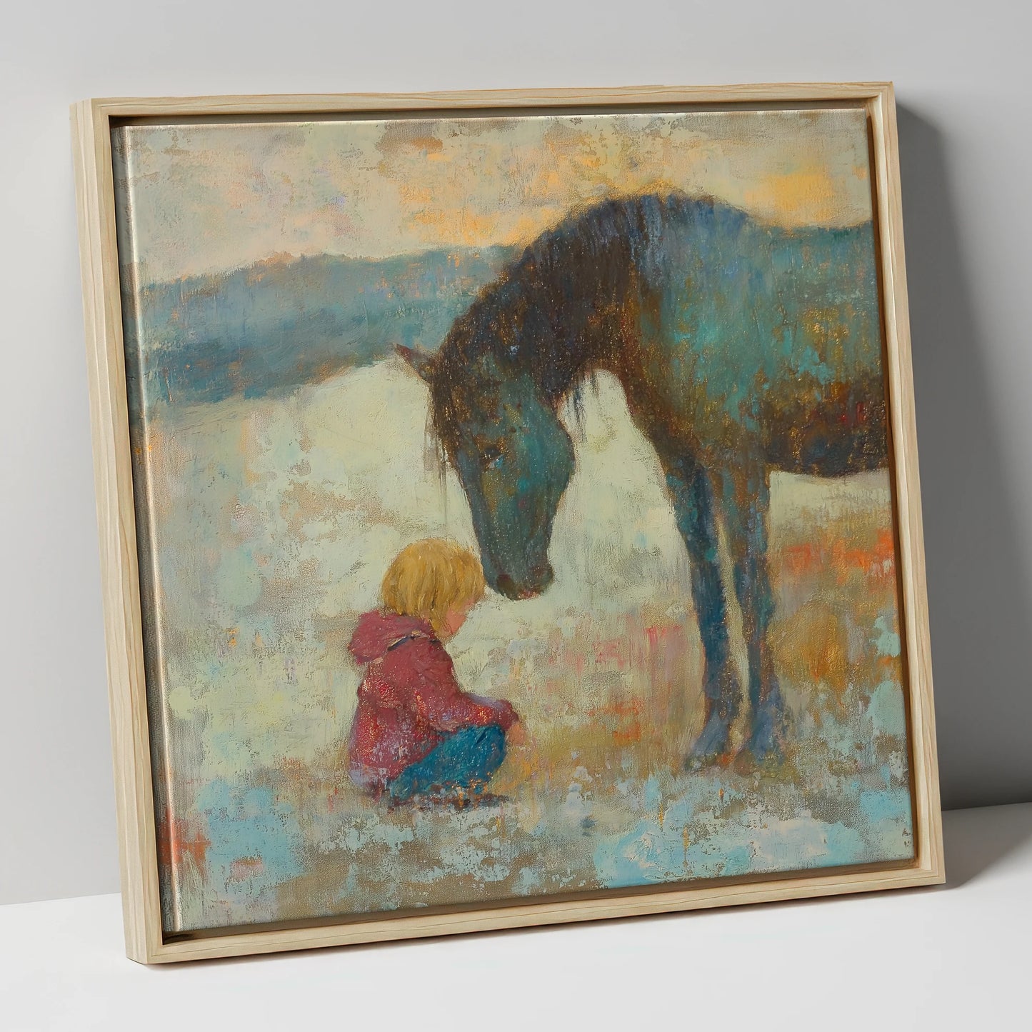 A Quiet Understanding horse & rider canvas wall art in natural frame