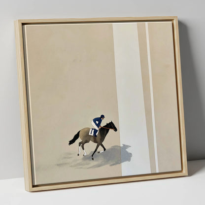 Solitary Gallop racing horse canvas wall art in natural frame