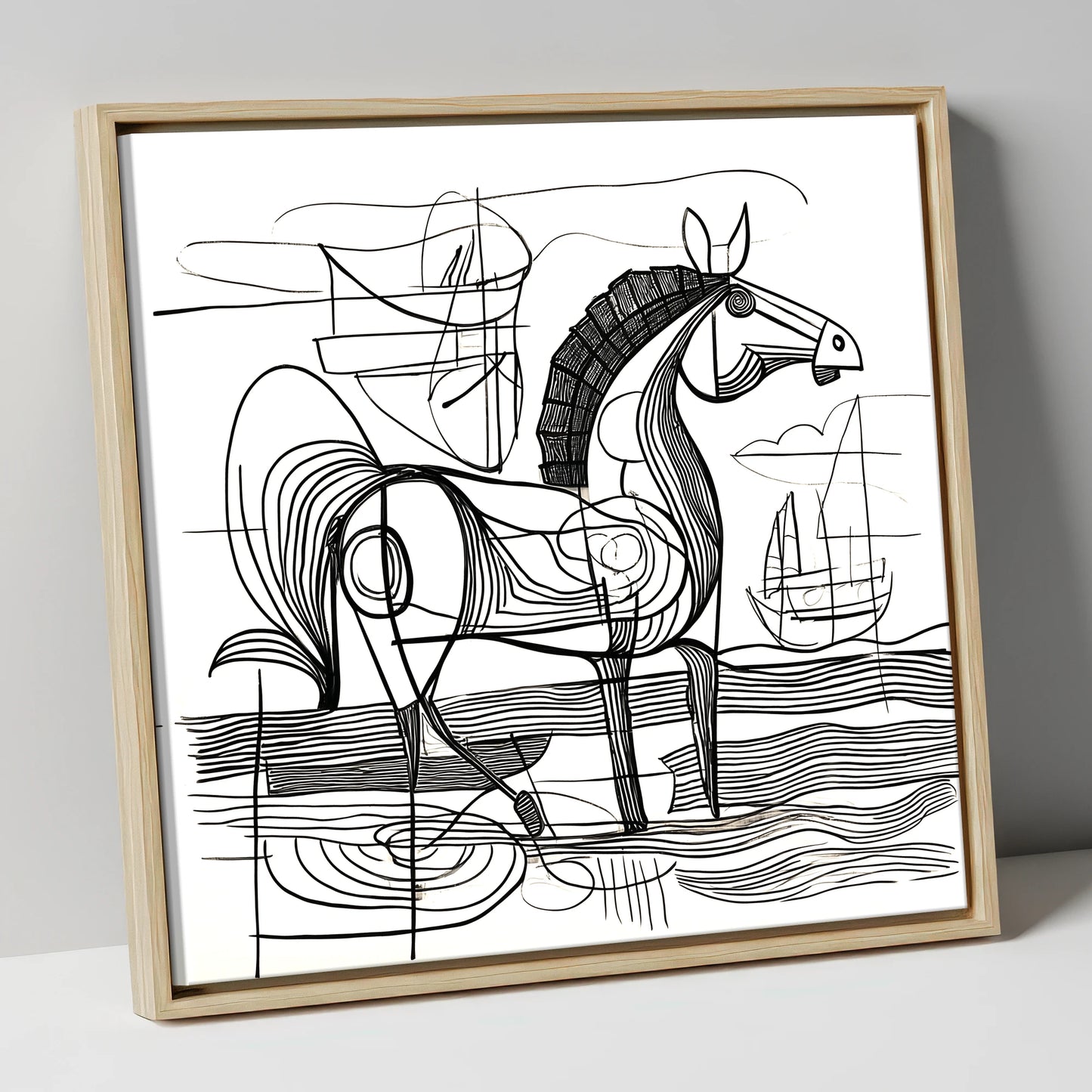 Abstract Coastal Equine beach horse canvas wall art in natural frame