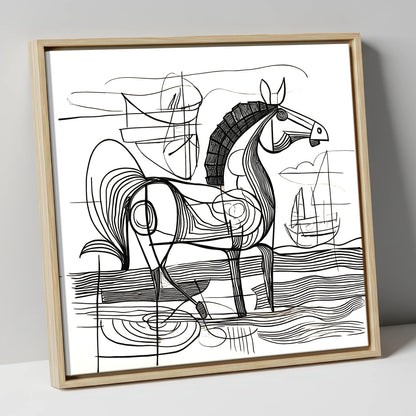 Abstract Coastal Equine beach horse canvas wall art in natural frame