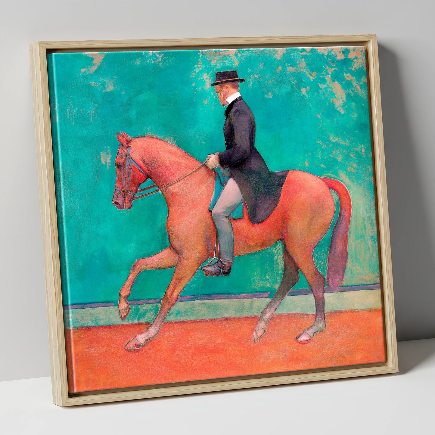 The Emerald Passage dressage horse canvas wall art in natural frame