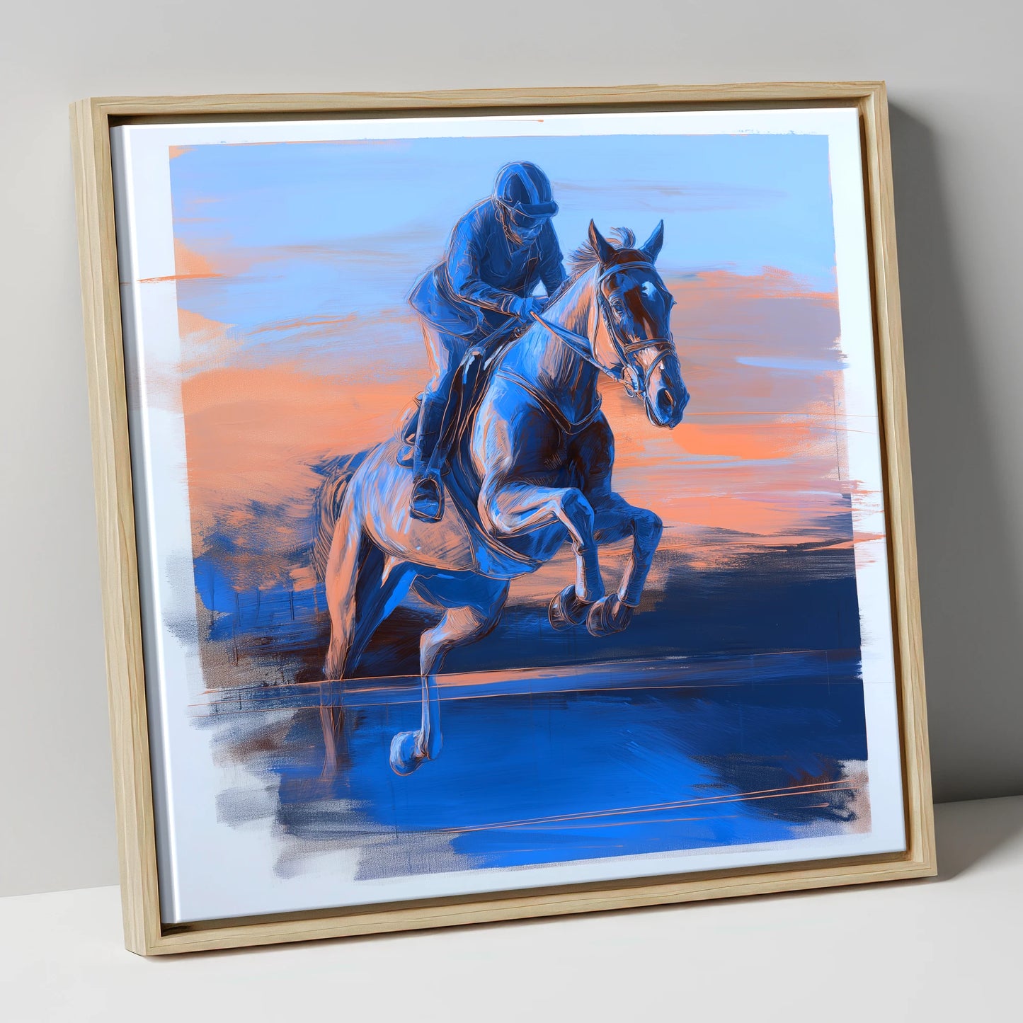 Cobalt Flight show jumping horse canvas wall art in natural frame