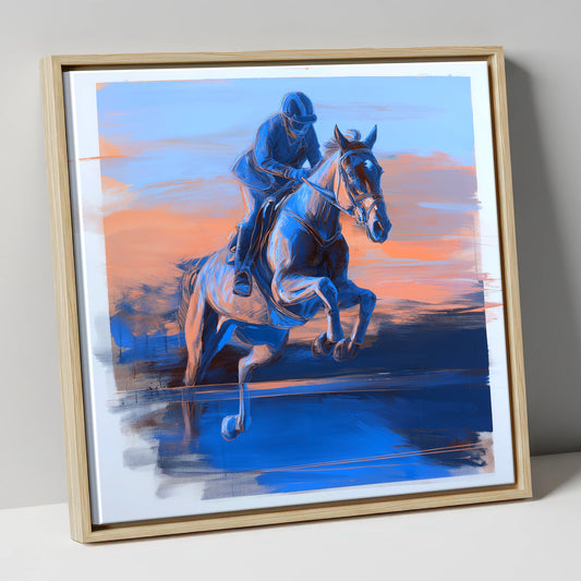 Cobalt Flight show jumping horse canvas wall art in natural frame