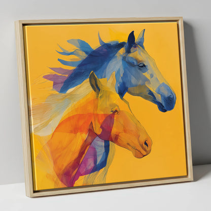 Cobalt and Amber Duet horse landscape canvas wall art in natural frame