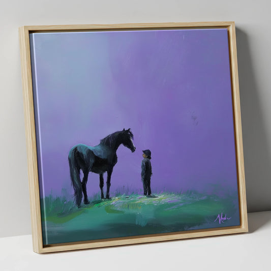 Shared Silence horse & rider canvas wall art in natural frame