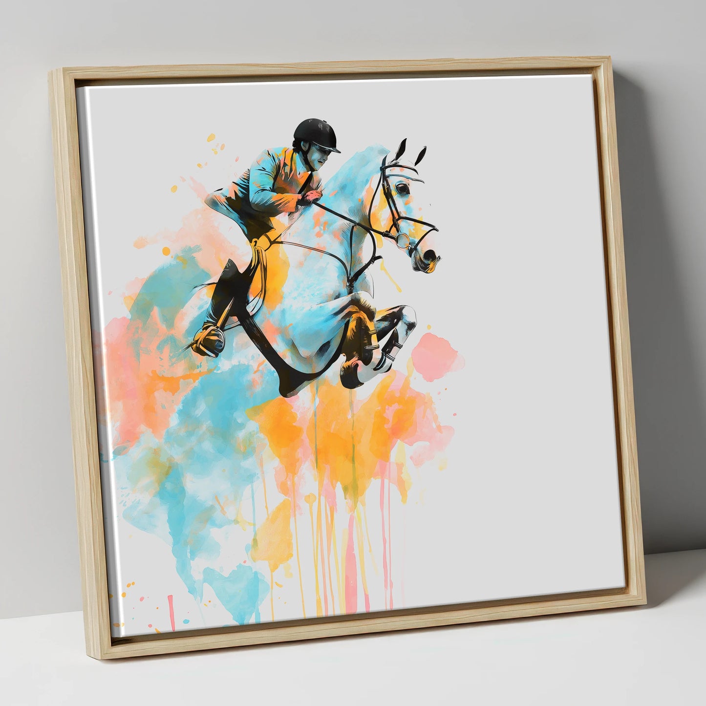 Suspended in Colour show jumping horse canvas wall art in natural frame