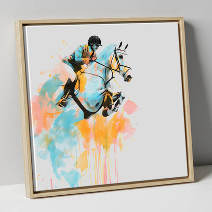 Suspended in Colour show jumping horse canvas wall art in natural frame
