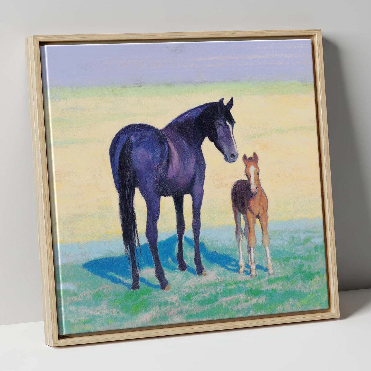 The Gentle Watch mare & foal canvas wall art in natural frame