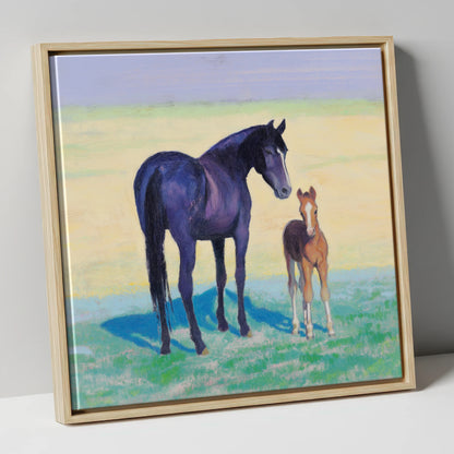 The Gentle Watch mare & foal canvas wall art in natural frame