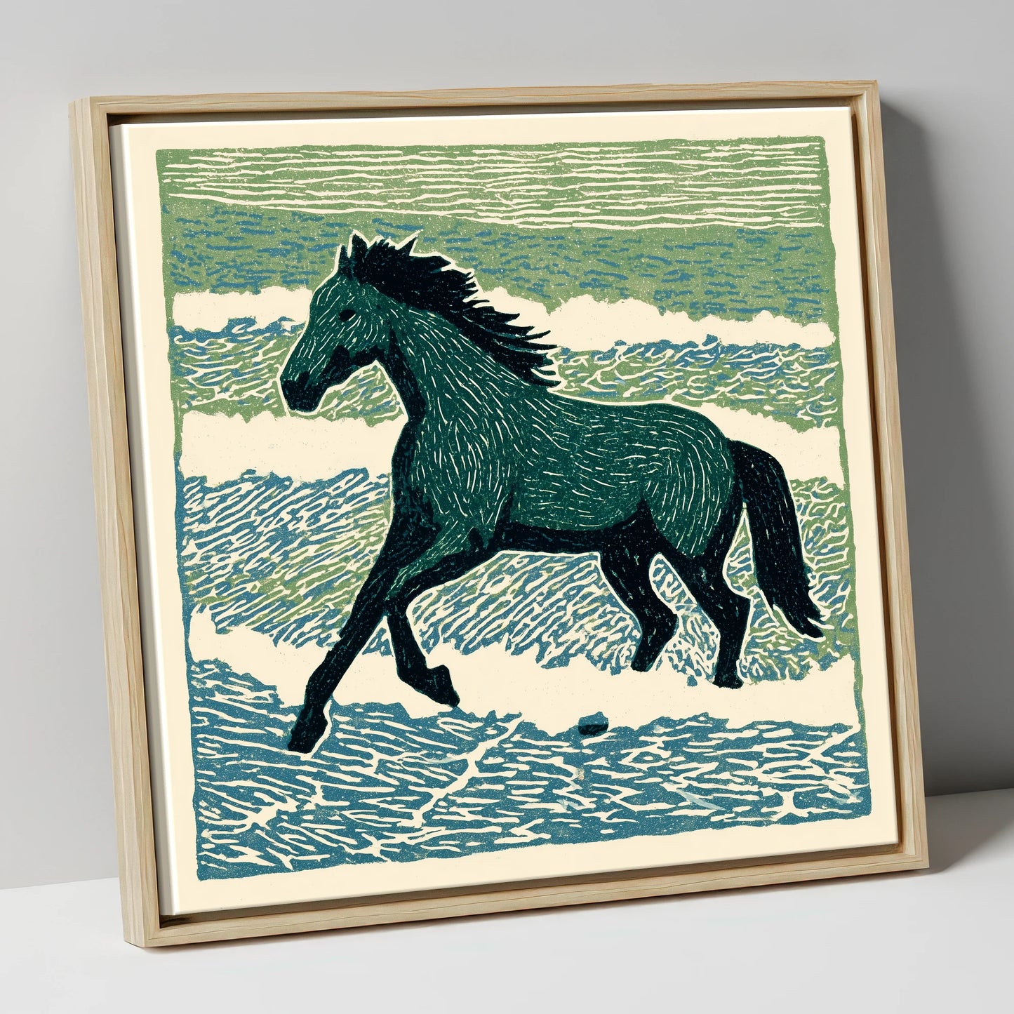 Surf and Stride beach horse canvas wall art in natural frame