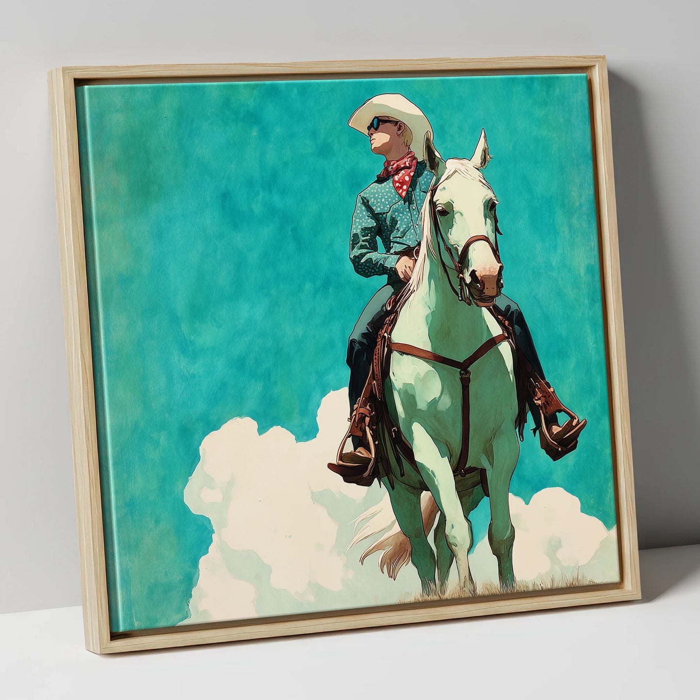 Teal Sky Rider western horse canvas wall art in natural frame