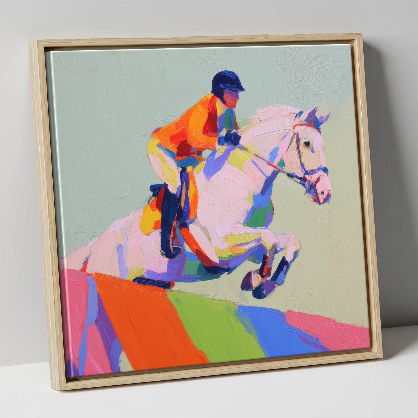 Vibrant Ascent show jumping horse canvas wall art in natural frame