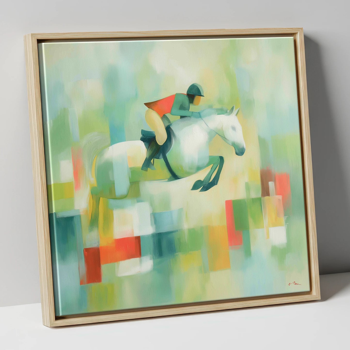 Clearing the Colours show jumping horse canvas wall art in natural frame