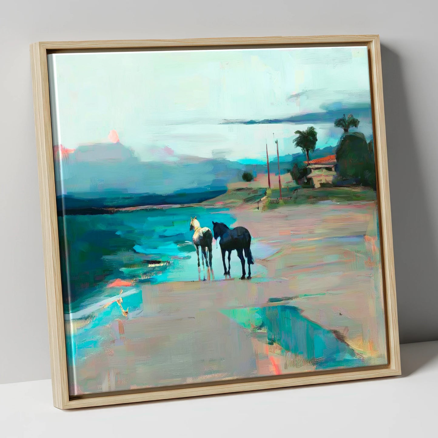 Dusk on the Shoreline horse landscape canvas wall art in natural frame