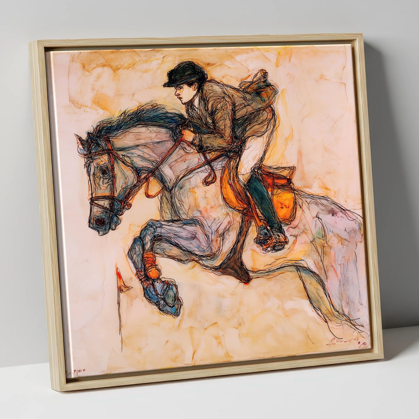 Suspended Momentum show jumping horse canvas wall art in natural frame