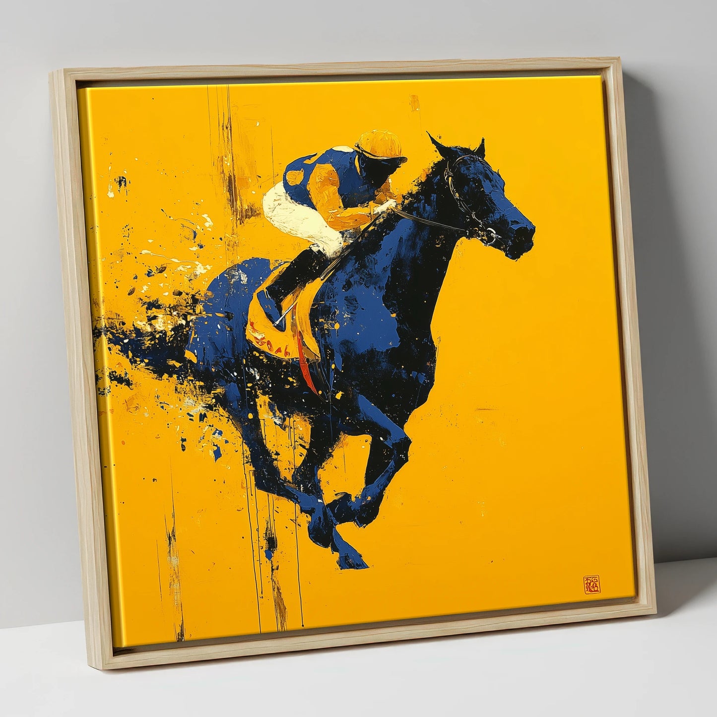 Midnight Pace on Gold racing horse canvas wall art in natural frame