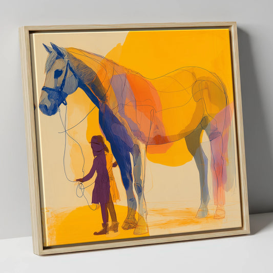 Golden Harmony horse & rider canvas wall art in natural frame