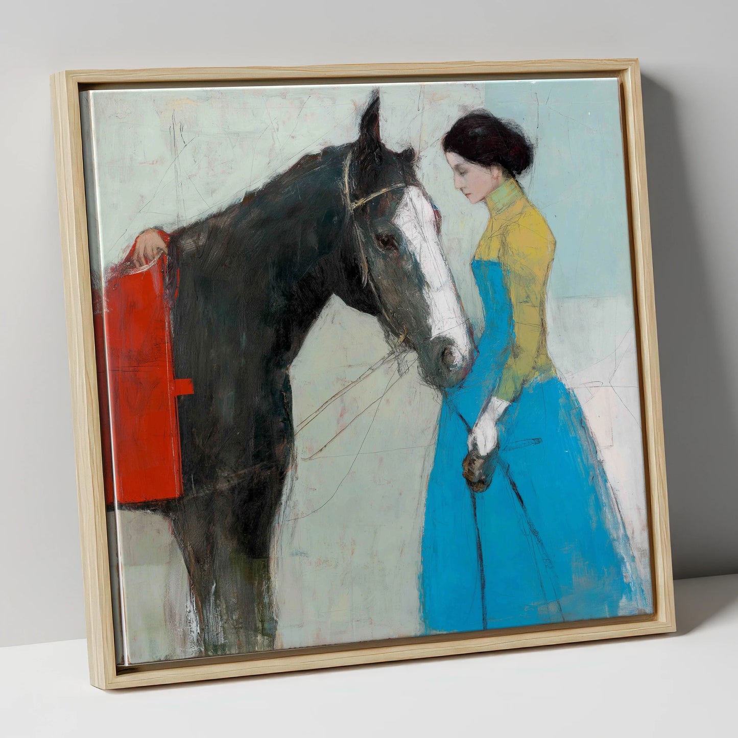 Quiet Connection horse & rider canvas wall art in natural frame