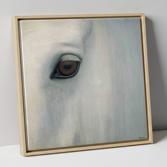 Quiet Gaze of the Grey horse portrait canvas wall art in natural frame