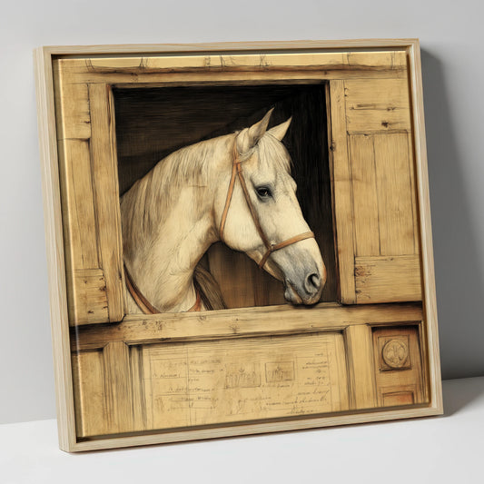 The Draftsman's Grey horse stable canvas wall art in natural frame