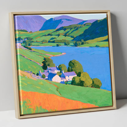 Vibrant Lakeside Valley horse landscape canvas wall art in natural frame
