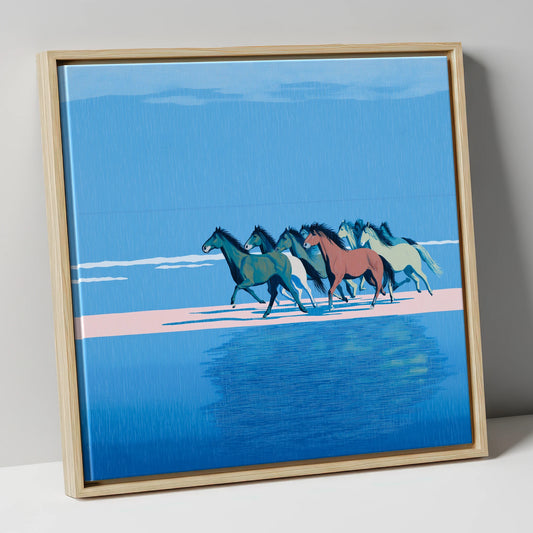 Coastal Canter wild horses canvas wall art in natural frame