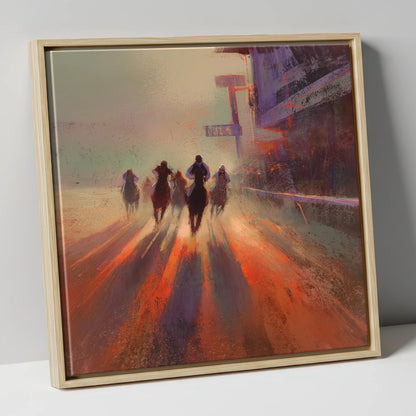 Shadows on the Track racing horse canvas wall art in natural frame