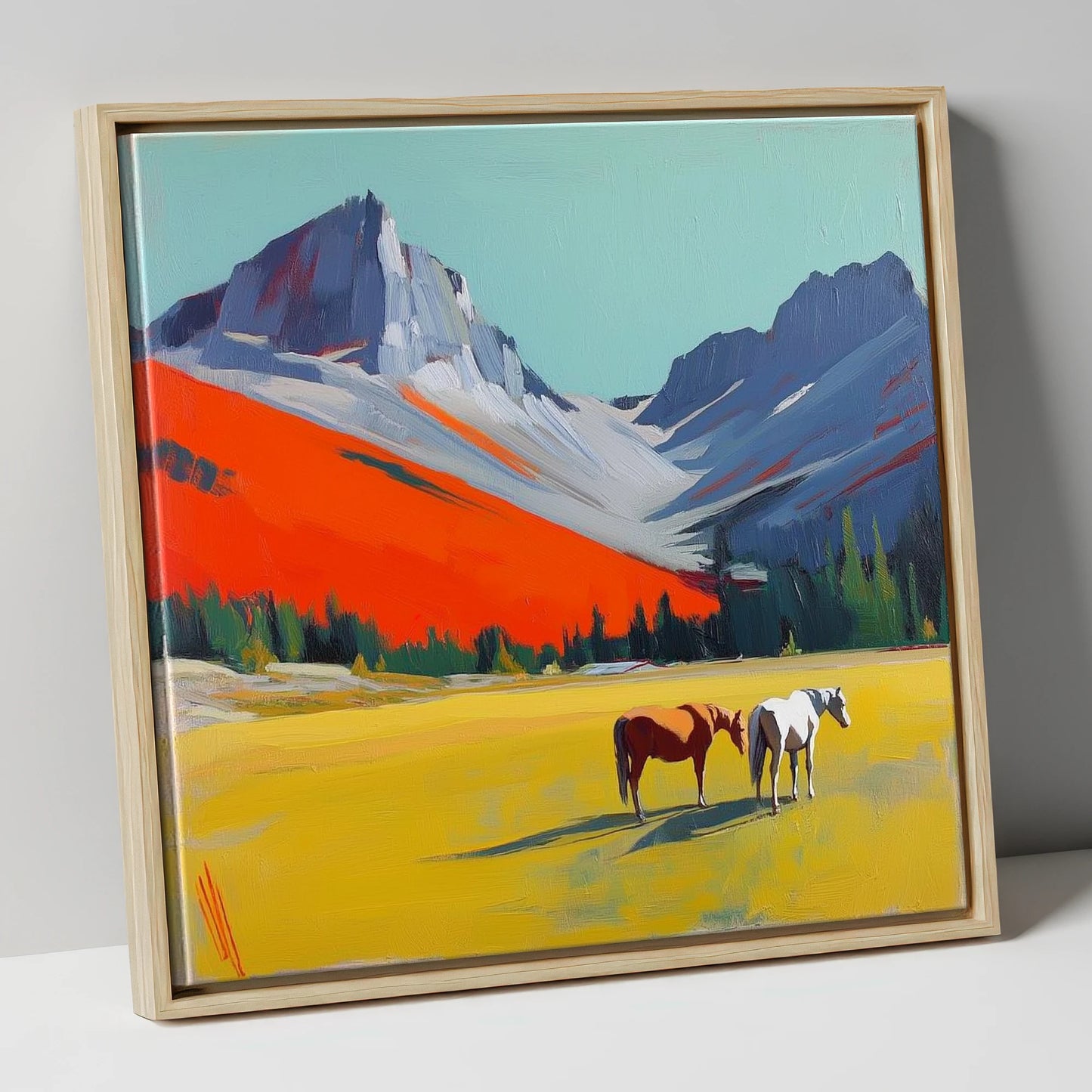 Vivid Mountain Meadow horse landscape canvas wall art in natural frame