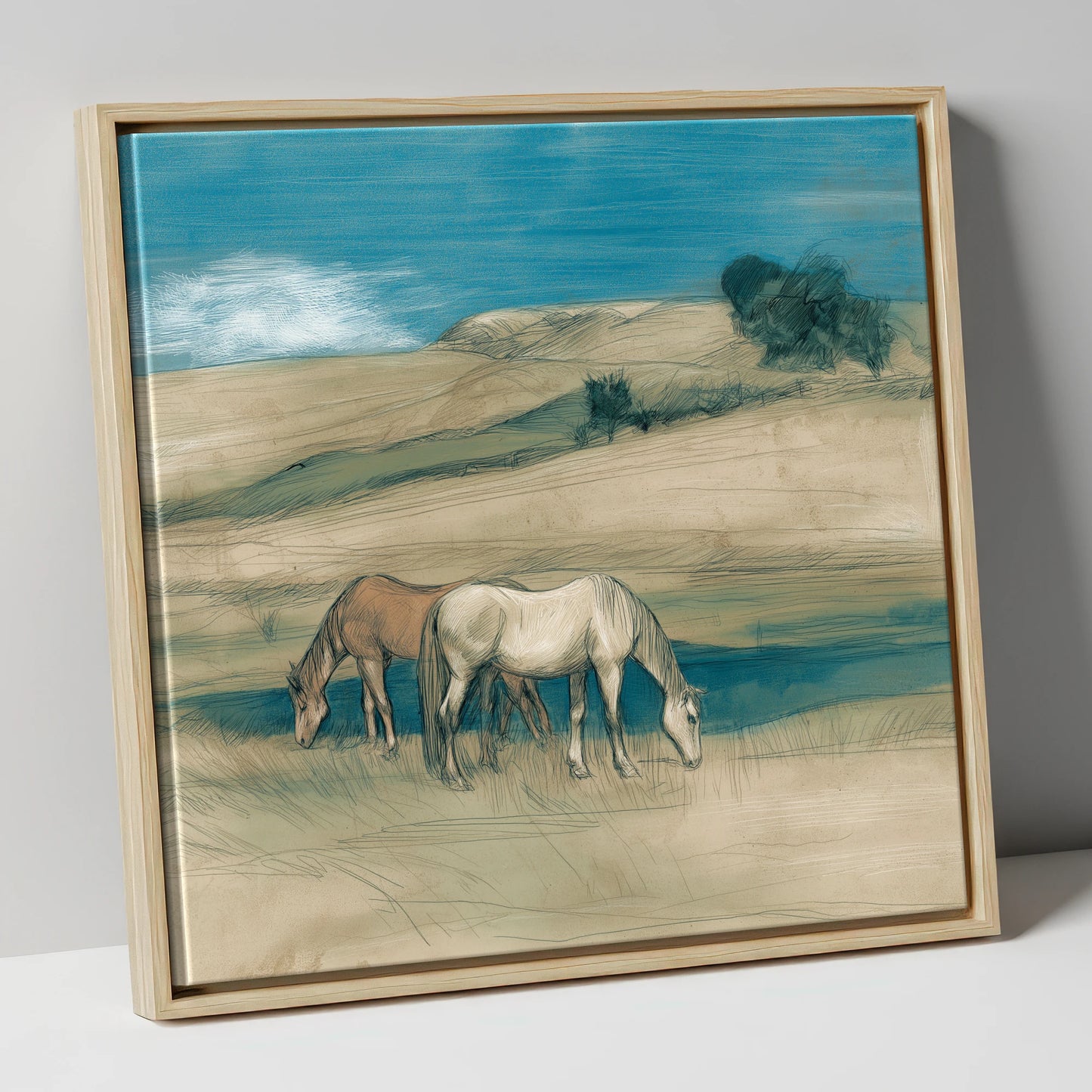 Grazing Beneath Teal Skies horse landscape canvas wall art in natural frame