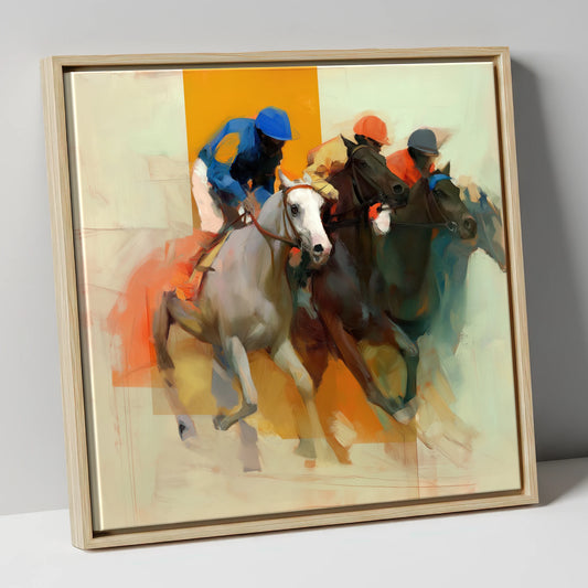 Surge to the Line racing horse canvas wall art in natural frame