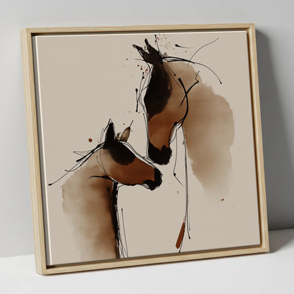 Tender Sepia Bond mare & foal canvas wall art in natural frame