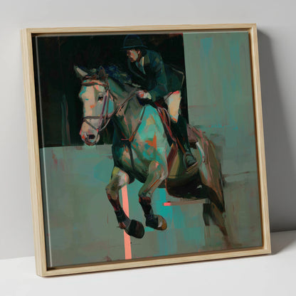 Suspended in Colour show jumping horse canvas wall art in natural frame