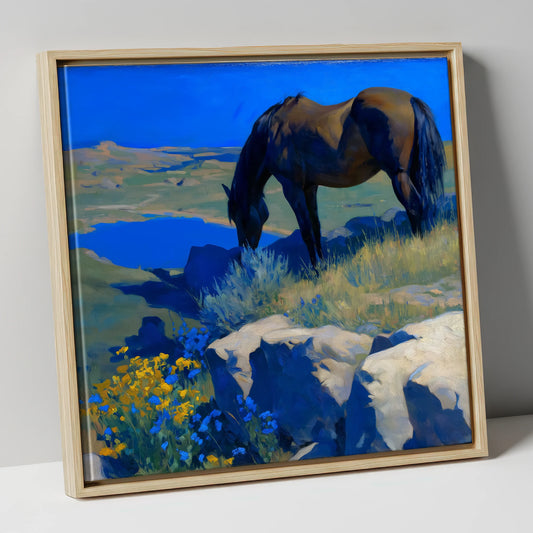 Cobalt Horizon Grazing horse landscape canvas wall art in natural frame