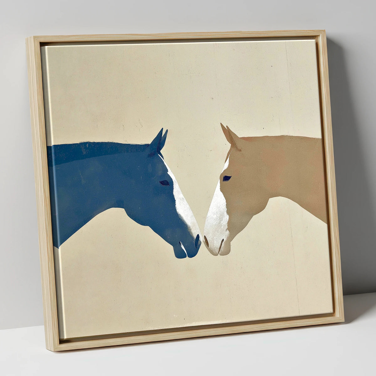 Navy and Tan Horses Greeting horse portrait canvas wall art in natural frame