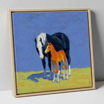 Vibrant Pasture Bond mare & foal canvas wall art in natural frame