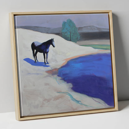 Blue Shore Solitude horse landscape canvas wall art in natural frame