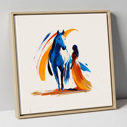 Azure and Amber Bond horse & rider canvas wall art in natural frame