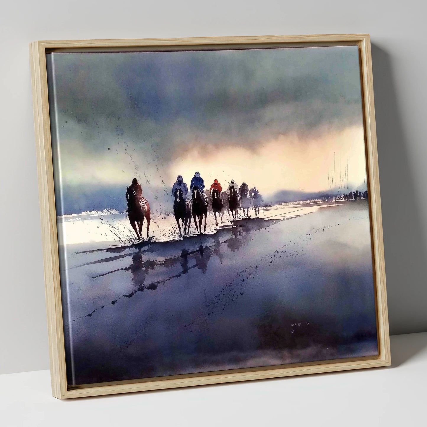 Morning Beach Gallops racing horse canvas wall art in natural frame