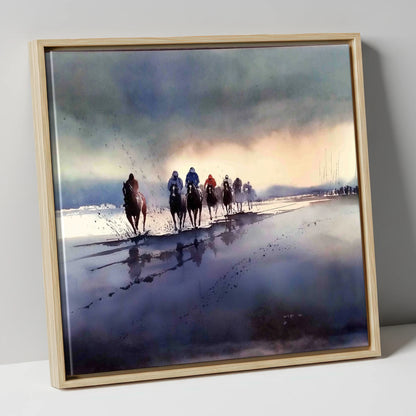 Morning Beach Gallops racing horse canvas wall art in natural frame
