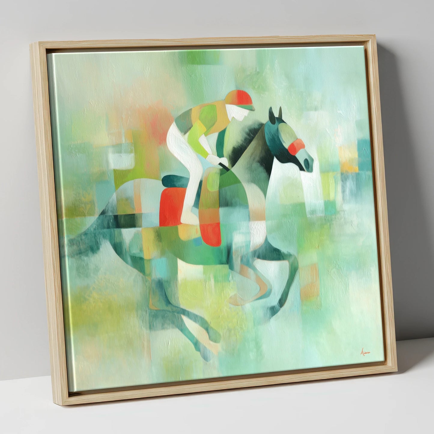 Abstract Turf Stride racing horse canvas wall art in natural frame