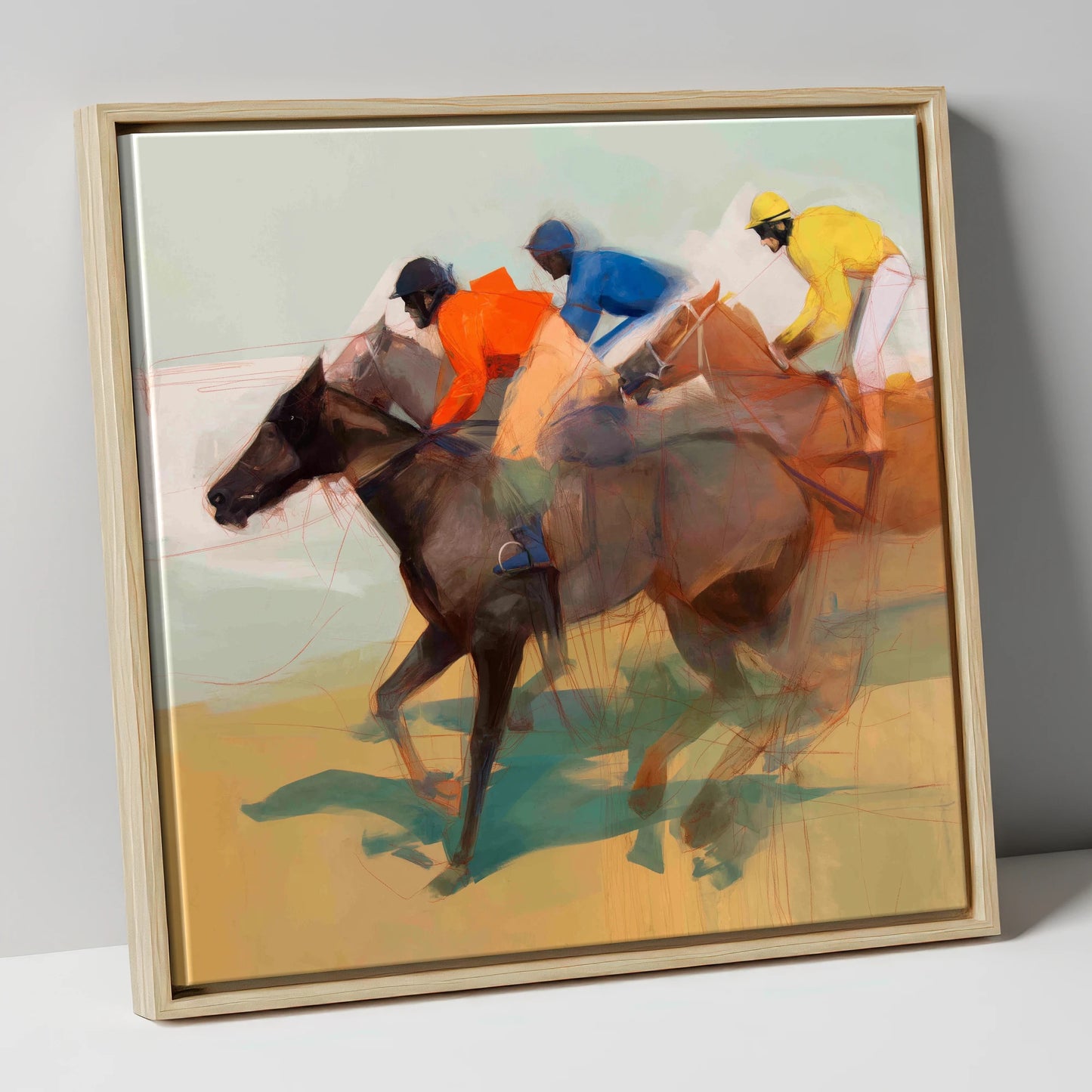 Silks of the Final Furlong racing horse canvas wall art in natural frame
