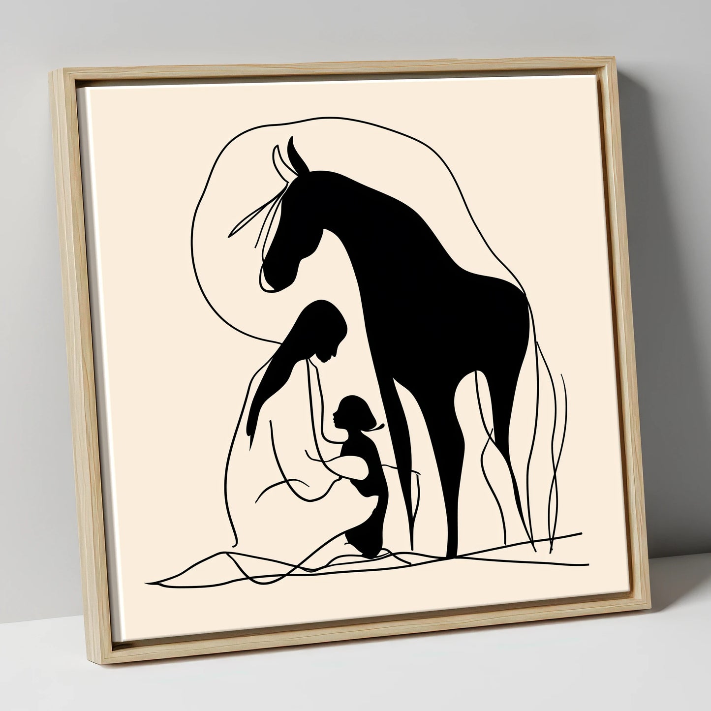 The Gentle Guardian horse & rider canvas wall art in natural frame