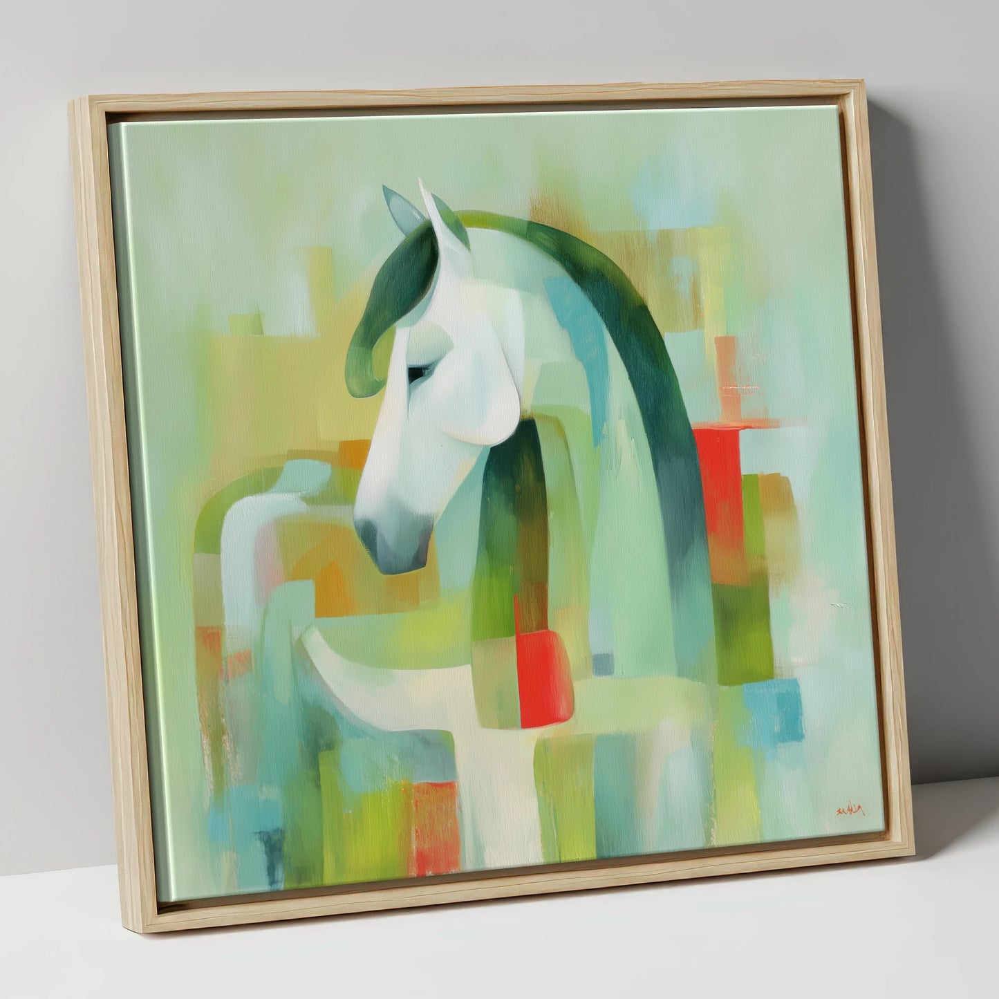 Modernist Mint Profile horse breed canvas wall art in natural frame