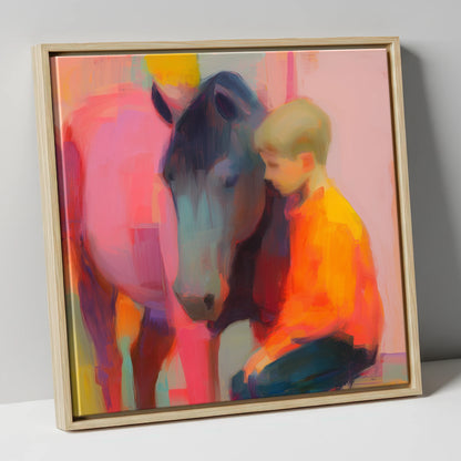 Vibrant Embrace horse & rider canvas wall art in natural frame
