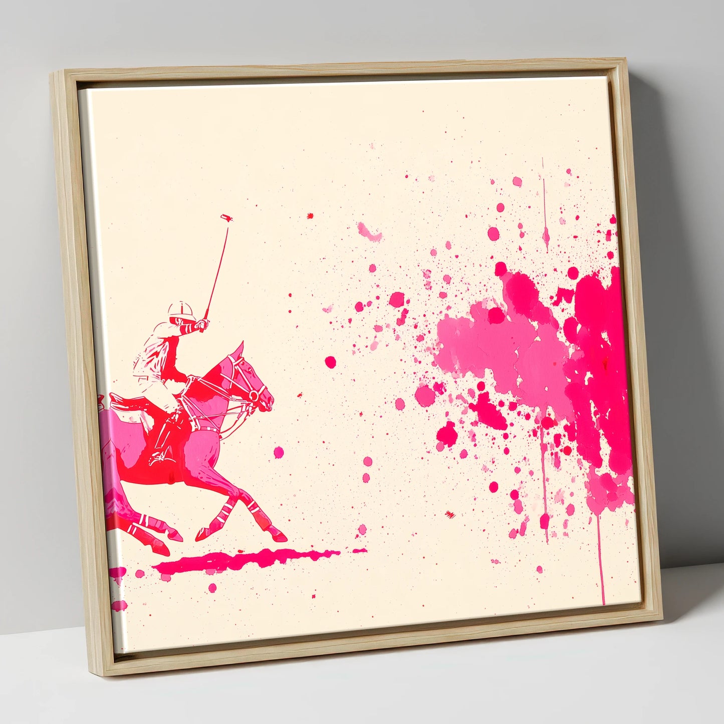 Magenta Polo Strike polo horse canvas wall art in natural frame