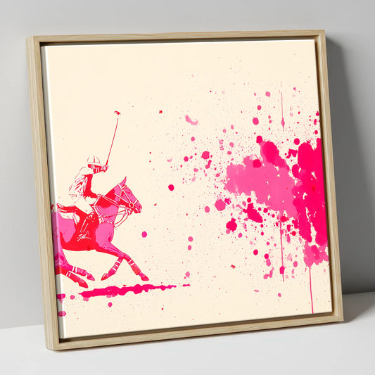 Magenta Polo Strike polo horse canvas wall art in natural frame