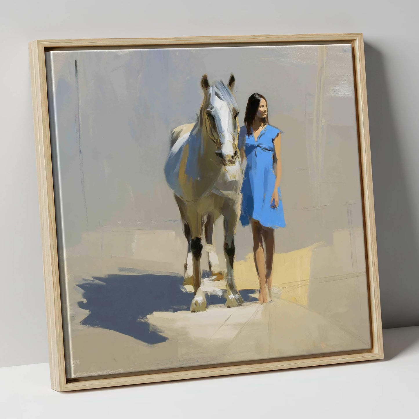 Sunlit Serenity horse & rider canvas wall art in natural frame