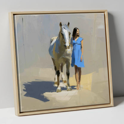 Sunlit Serenity horse & rider canvas wall art in natural frame